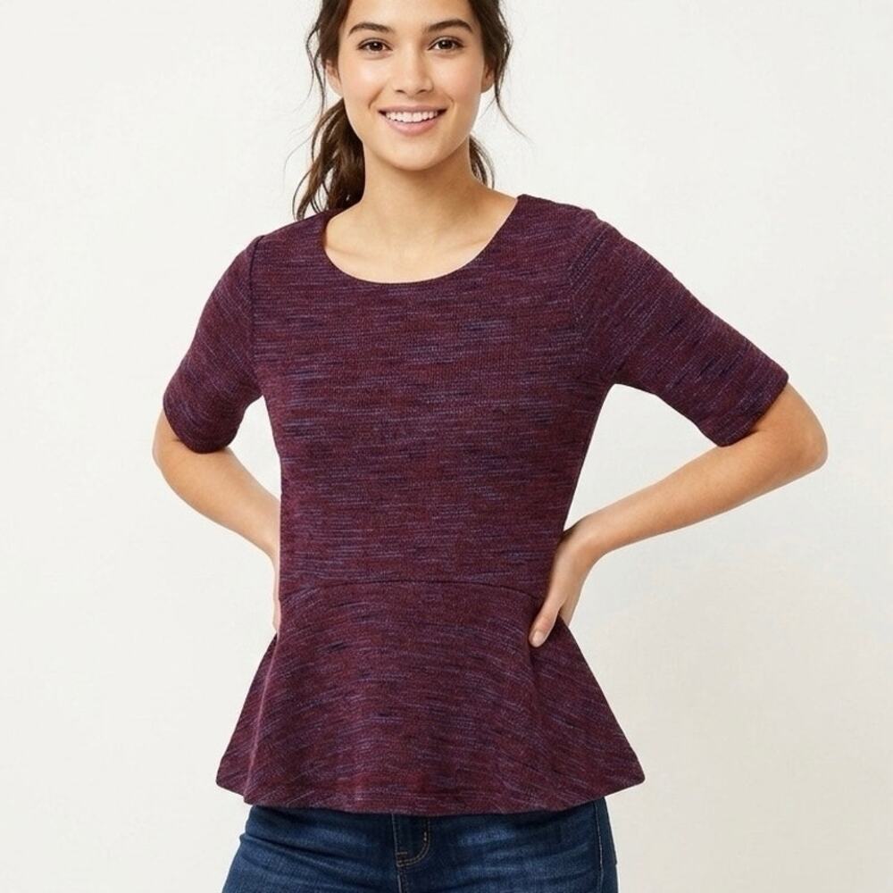 Ann Taylor Loft Women's Sweater Size S Peplum Purple Marled Knit Short Sleeve